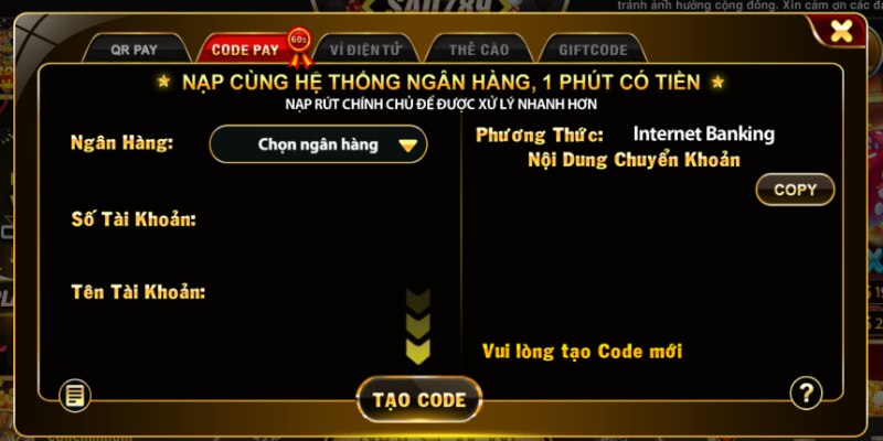 Nạp tiền Sao789 thông qua code pay
